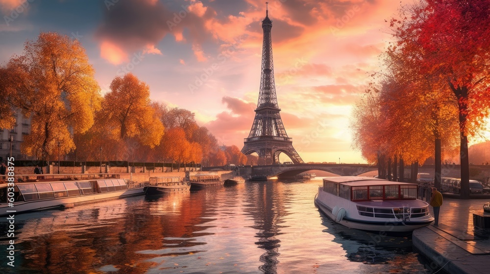 Paris Eiffel Tower and river Seine at sunset in Paris, France. Eiffel Tower is one of the most iconic landmarks of Paris., Generative AI