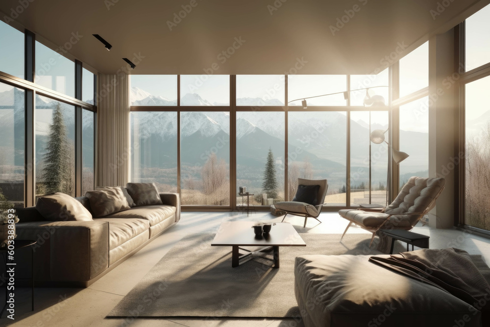 Fototapeta premium modern cozy bright Living Room with large panoramic windows overlooking the Alps. Generative AI