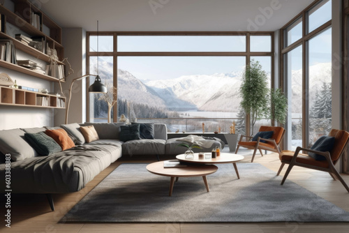 modern cozy bright Living Room with large panoramic windows overlooking the Alps. Generative AI © Ivy
