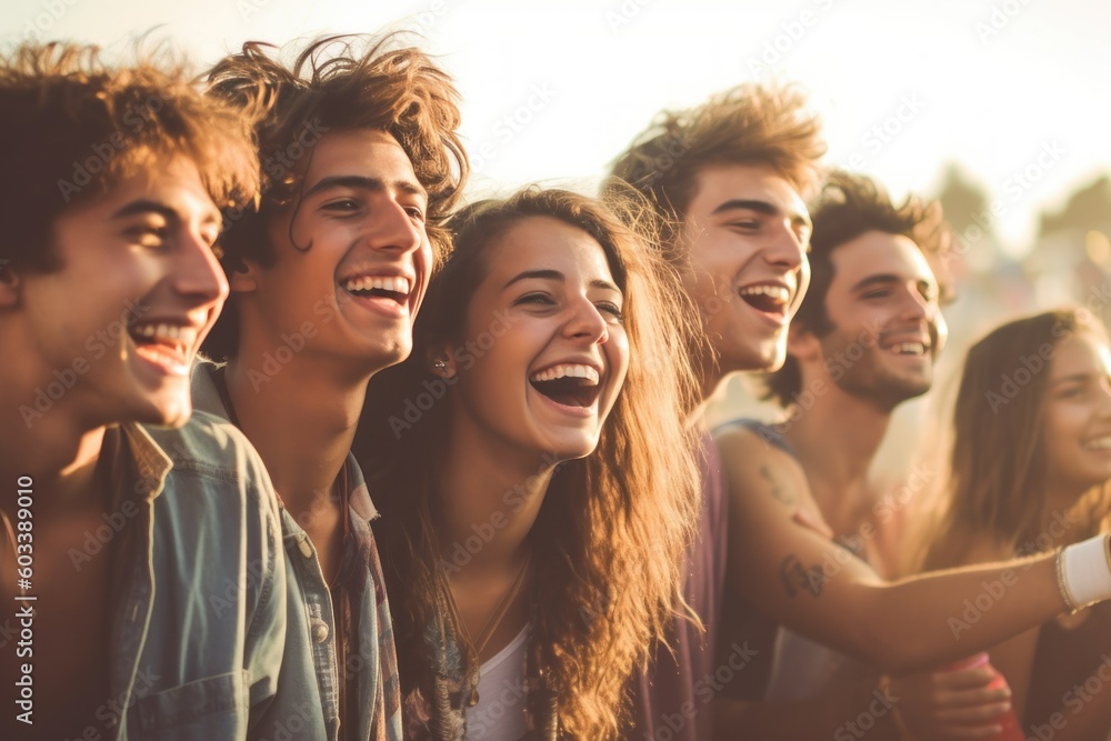 Diverse group of friends candidly enjoying a music festival, embodying the energy and vitality of live concert fun, millennials, generation z, generative ai - obrazy, fototapety, plakaty 