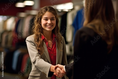 Teenage girl experiencing her first job offer, engaging in a handshake with her new manager, a pivotal coming of age moment, candid, generative ai