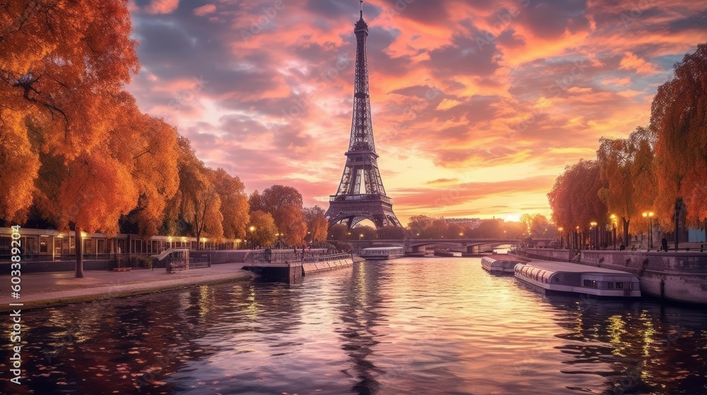 Paris Eiffel Tower and river Seine at sunset in Paris, France. Eiffel Tower is one of the most iconic landmarks of Paris., Generative AI