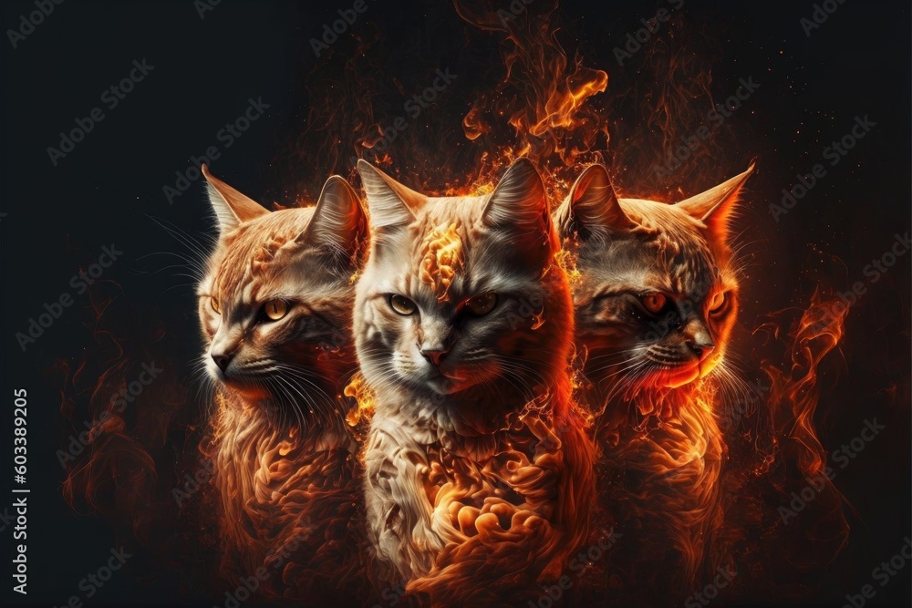 Triple cat portrait with fire flames on black background