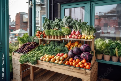 Showcase the vibrant and fresh produce from an urban farm, highlighting the abundance of colorful fruits, vegetables, and herbs grown in a city setting - Generative AI