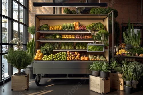 Showcase the vibrant and fresh produce from an urban farm, highlighting the abundance of colorful fruits, vegetables, and herbs grown in a city setting - Generative AI