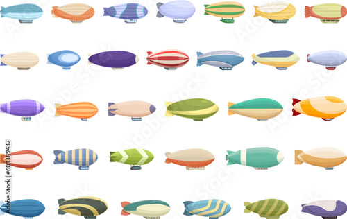 Airship icons set cartoon vector. Air ship. Flight aircraft