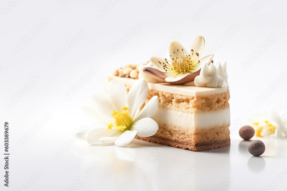 Vanilla cake slice or brownie with vanilla flower on a light background is a healthy organic summer dessert. Delicious sweet treat Generative AI