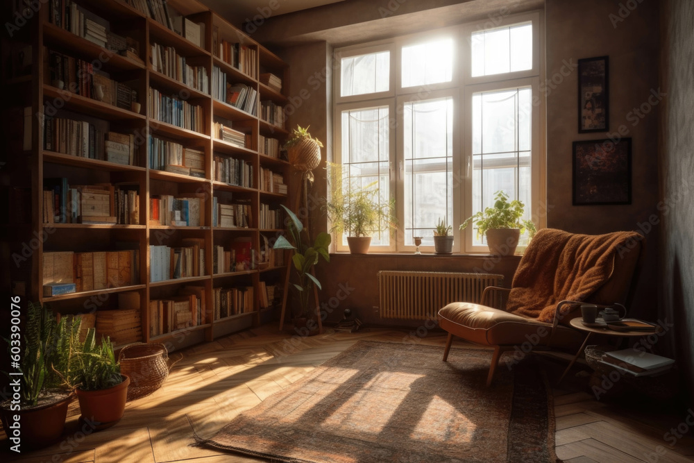 A cozy reading nook in a sunlit corner, featuring a comfortable armchair, a floor-to-ceiling bookshelf, and a soft area rug. Generative AI A cozy reading nook in a sunlit corner, featuring a comfortable armchair, a floor-to-ceiling bookshelf, and a soft area rug. Generative AI