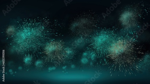  a bunch of green fireworks on a dark background with a place for text. generative ai
