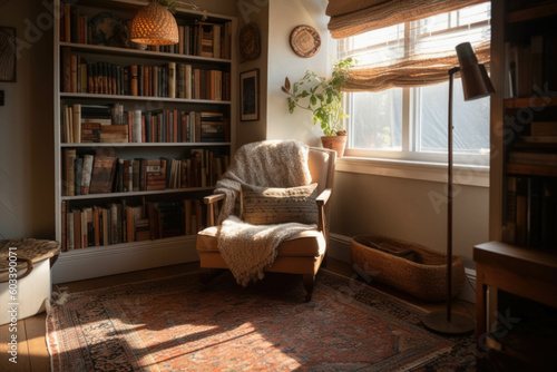 A cozy reading nook in a sunlit corner, featuring a comfortable armchair, a floor-to-ceiling bookshelf, and a soft area rug. Generative AI