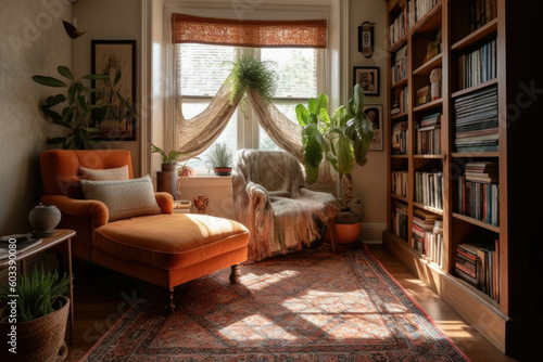 A cozy reading nook in a sunlit corner, featuring a comfortable armchair, a floor-to-ceiling bookshelf, and a soft area rug. Generative AI