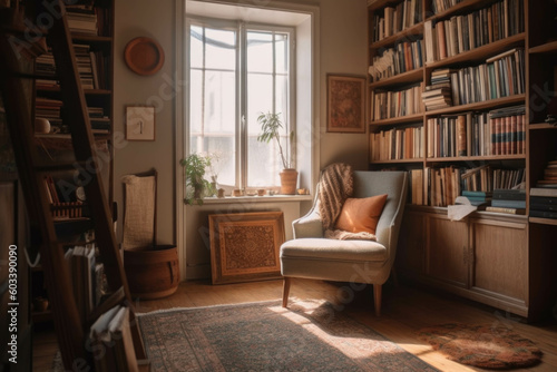 A cozy reading nook in a sunlit corner  featuring a comfortable armchair  a floor-to-ceiling bookshelf  and a soft area rug. Generative AI