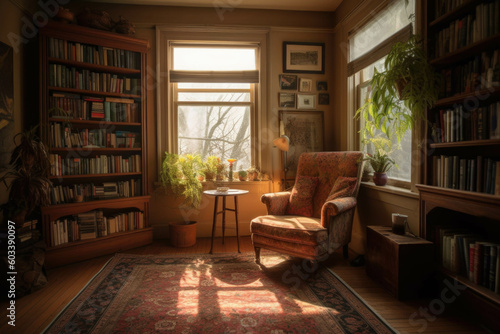 A cozy reading nook in a sunlit corner, featuring a comfortable armchair, a floor-to-ceiling bookshelf, and a soft area rug. Generative AI