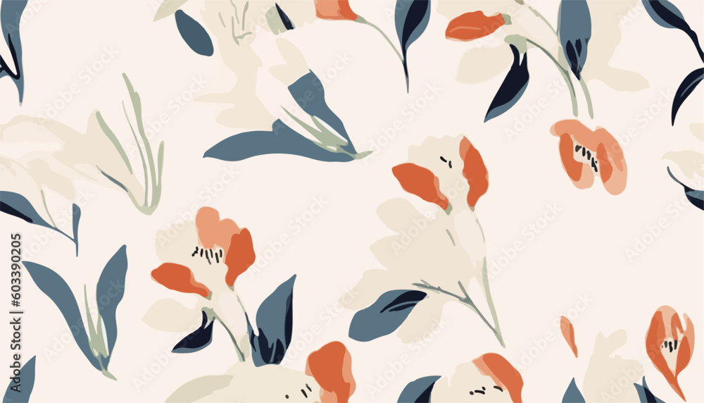 Fototapeta premium Modern hand drawn minimalist flower pattern. Light beautiful botanical print. Fashionable template for design