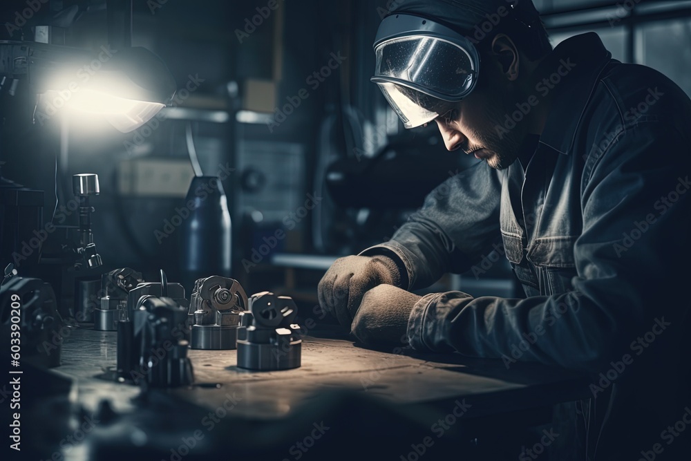 Portrait of Mechanical engineer-turner processes manufacturing steel parts in workshop of production. Generative AI Portrait of Mechanical engineer-turner processes manufacturing steel parts in workshop of production. Generative AI