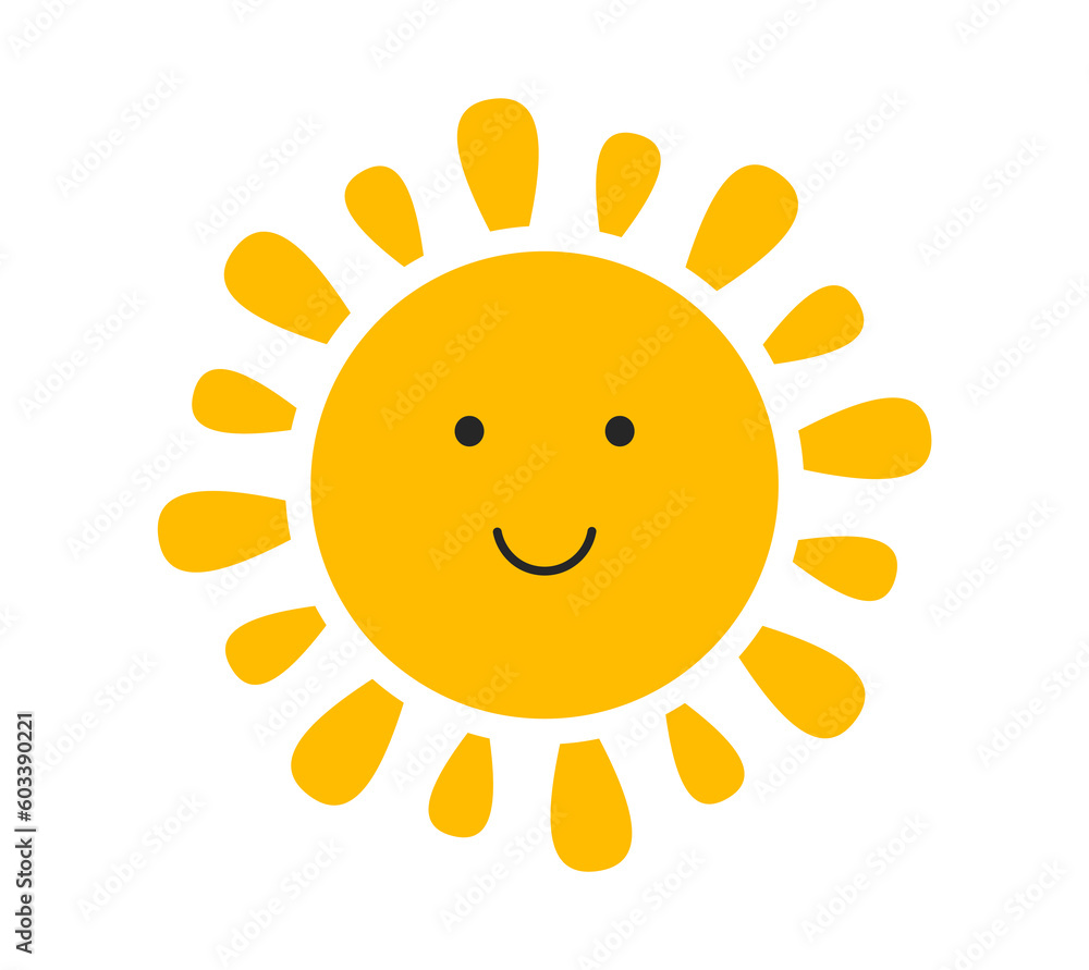 Cute smiling sun icon isolated on white background.