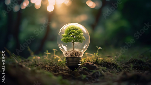 Eco environment concept. tree growing in light bulb with sunlight and green nature background. generative Ai