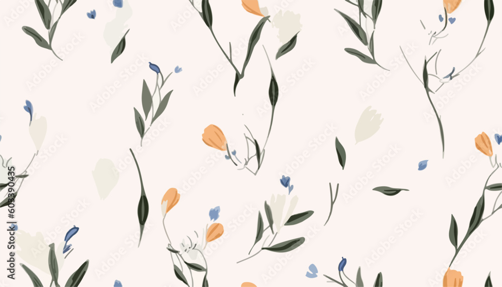 Modern hand drawn minimalist flower pattern. Light beautiful botanical print. Fashionable template for design
