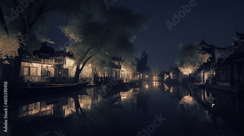  a river with a boat on it at night with lights reflecting in the water.  generative ai