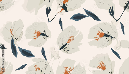 Modern hand drawn minimalist flower pattern. Light beautiful botanical print. Fashionable template for design © Eli Berr