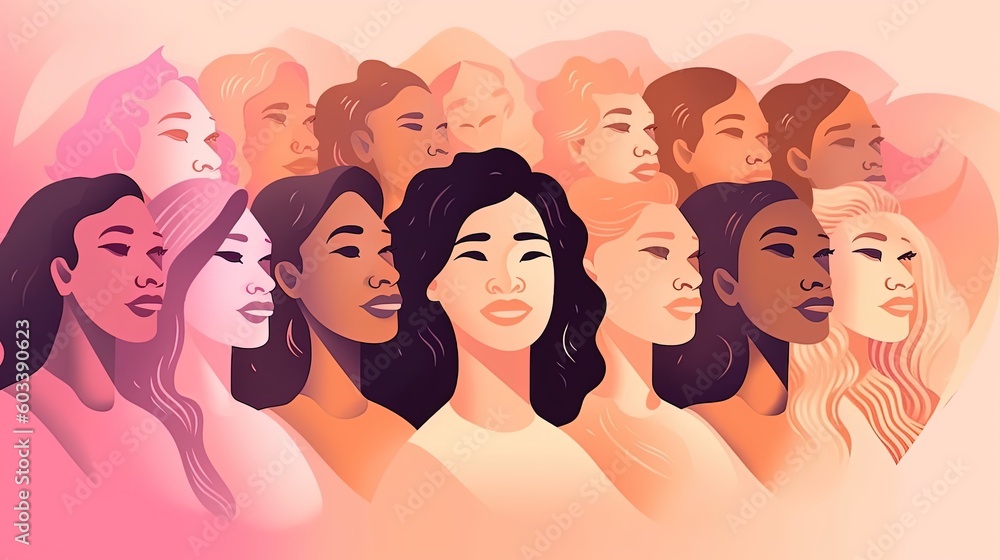 LGBT pride month. Women's month. Women of different nationalities and cultures: African, European, Asian, Arab. Fight for rights, independence, equality, LGBT. Women's entrepreneurship. Generative AI