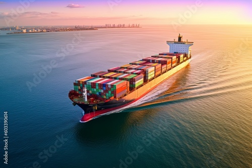 A Container Ship, Symbolizing Import, Export, and Business Logistics, Sails through the Vast Seas of Water
