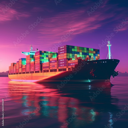 A Container Ship, Symbolizing Import, Export, and Business Logistics, Sails through the Vast Seas of Water