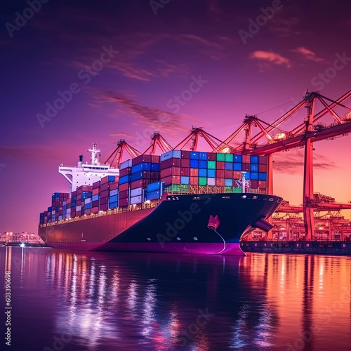 Colorful scene of a container ship in the sea.