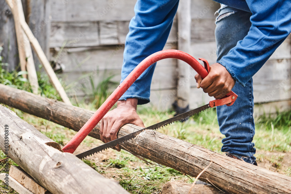 Crop anonymous man sawing log while working in farm Crop anonymous man sawing log while working in farm