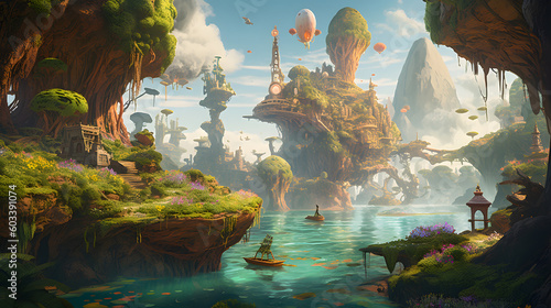 A fantastical comic-inspired landscape, with floating islands, cascading waterfalls, and lush green forests, where vibrant characters and creatures come to life in a visually stunning. Generative AI