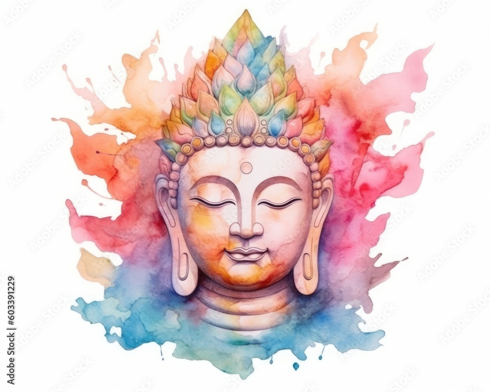 A colorful meditating Buddha sculpture on white background. (Generative AI)