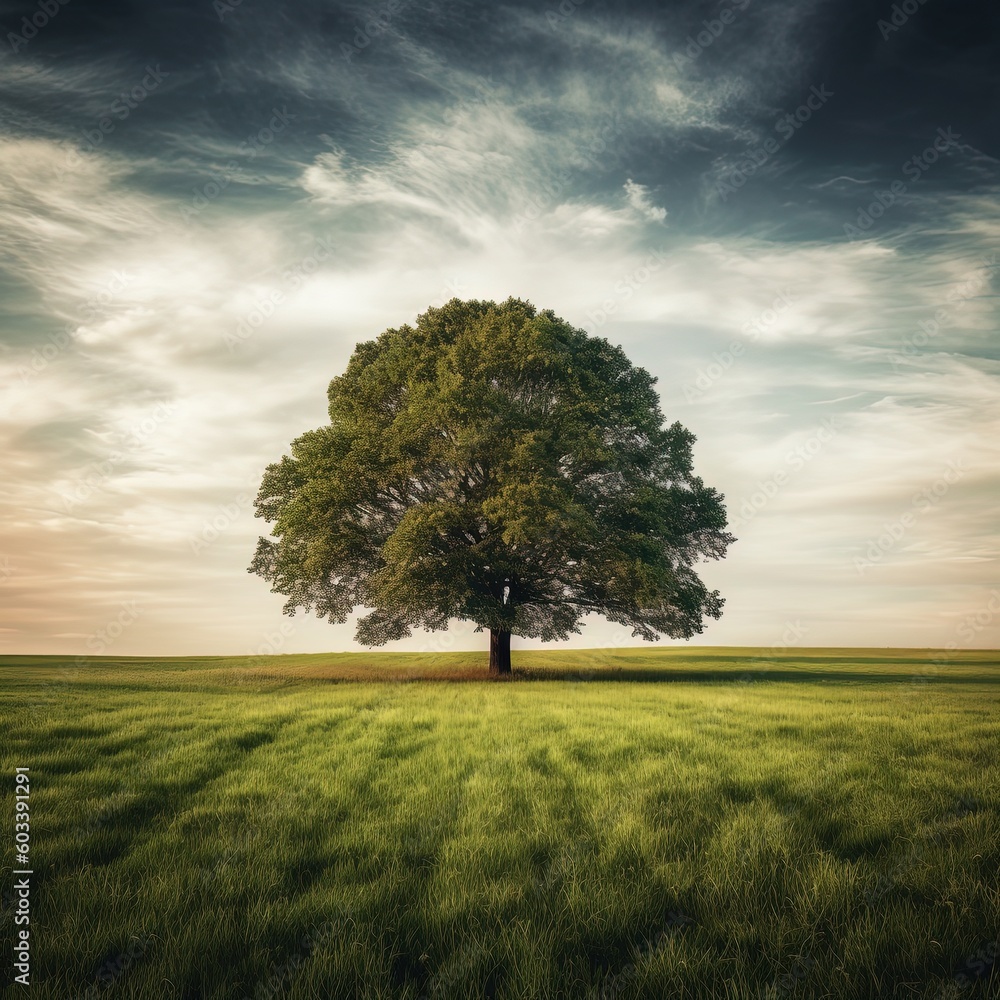 Obraz premium A Majestic Tree Resting on a Grassy Field at Sunset - A Surreal and Dreamy Landscape