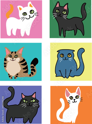 Cute and funny cats doodle vector set. Cartoon cat or kitten characters design collection with flat color in different poses.