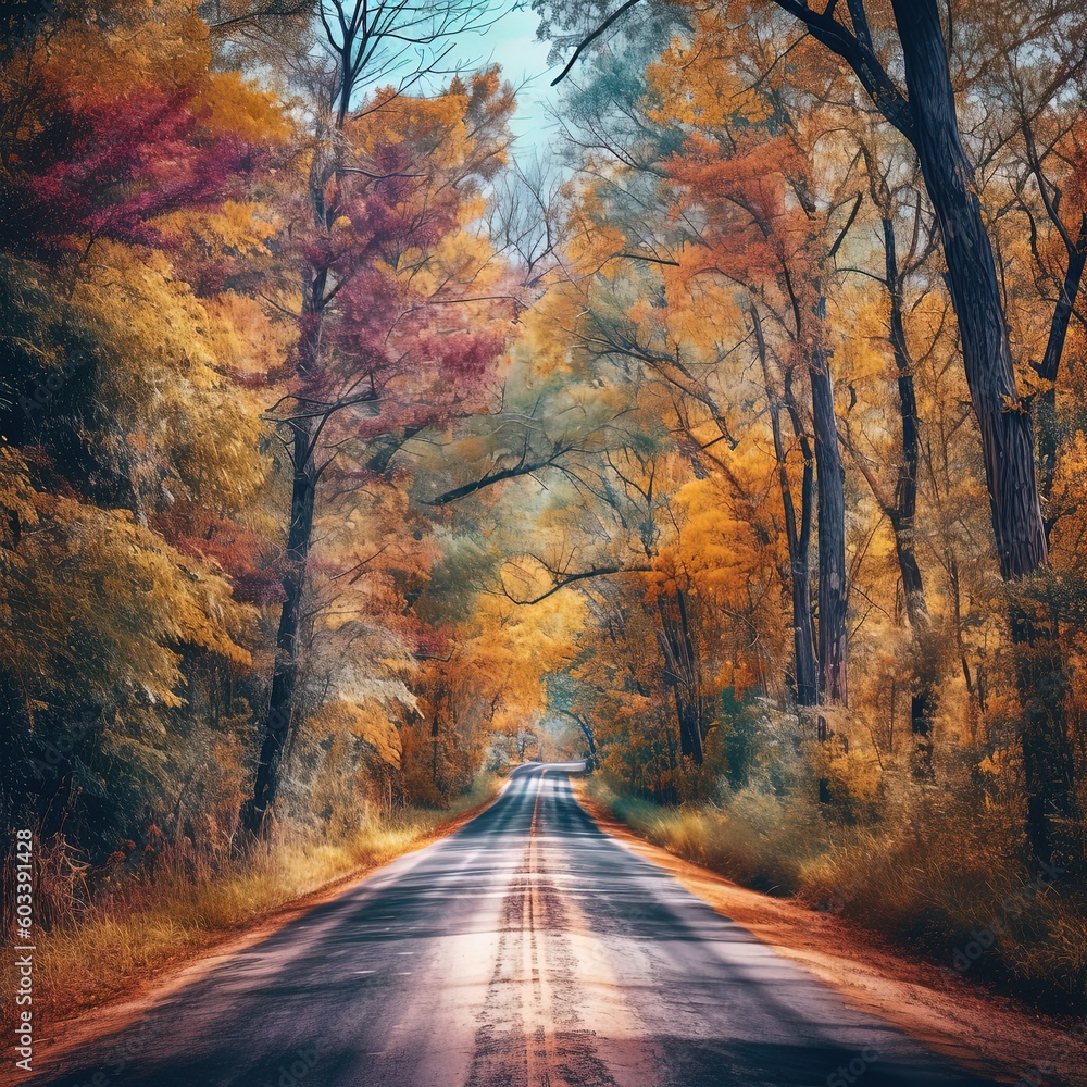 A stunning view of a sun-drenched road winding through a forest of vibrant, colorful trees