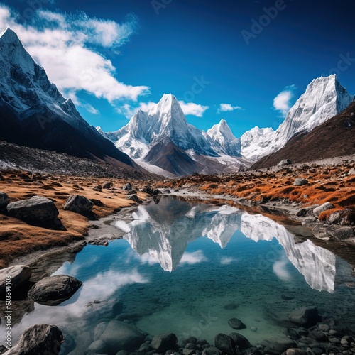 Landscape shot of beautiful cholatse mountains next to a body of water in khumbu, nepal © Mohsin