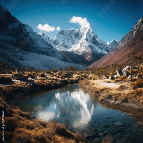 Landscape shot of beautiful cholatse mountains next to a body of water in khumbu, nepal