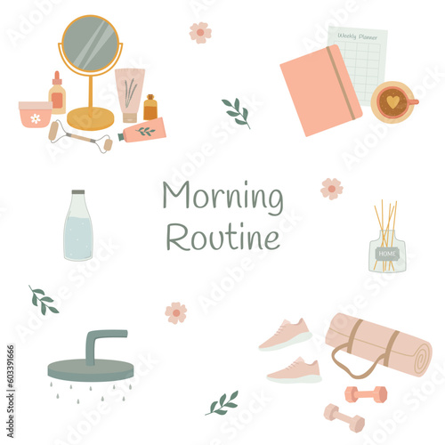 Morning routine elements set. Planning task list, fitness equipment, shower, beauty care cosmetic products