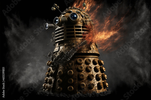 Creature of pain and suffer, broken world, Doctor Who, Dalek, boom, bursting, detonating, exploding, EXTERMINATE, Generative AI photo