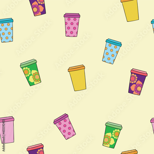 Vector abstract coffee cups repeating pattern background.