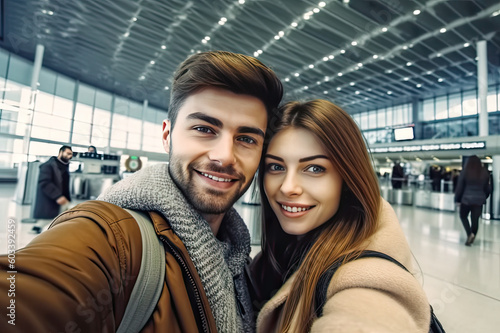 Adventurous Moments: Young Couple Travelers' Airport International Selfie, created with Generative AI