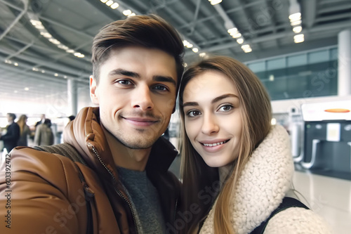 Adventurous Moments: Young Couple Travelers' Airport International Selfie, created with Generative AI