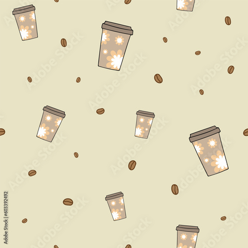 Vector abstract coffee cups and beans repeating pattern background.