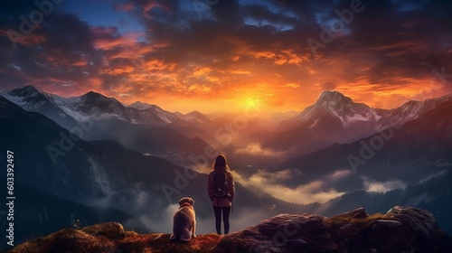 woman and canine watching disorienting scene of famous lights at sunset in tall mountains. AI Generated photo