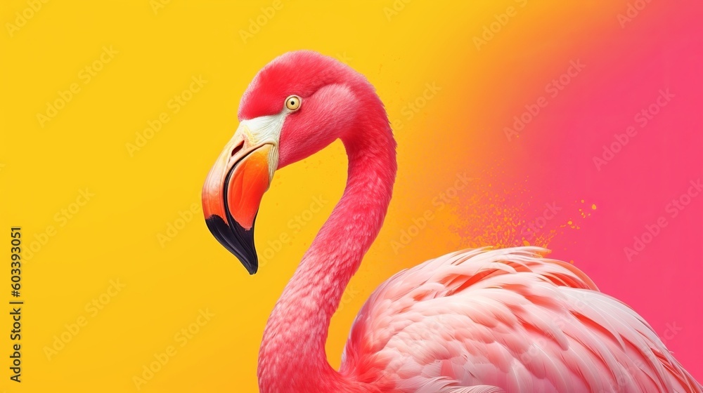 Fototapeta premium Pink flamingo in yellow foundation. AI Generated
