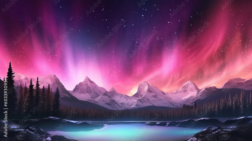 Staggering Mountains with Aurora Borealis. Fuchsia Sky Foundation with copyspace. AI Generated