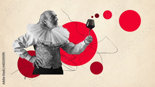 Contemporary art collage. Elderly gray-haired man, gentleman, noble person in vintage costume holding glass of red wine over light background. Concept of comparison of eras, creativity, nutrition