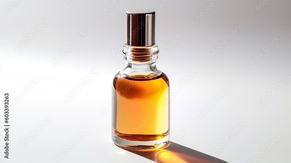 Open brilliant bottle with serum or fundamental oil. White establishment with daylight and amazing shadows. Brilliance concept for stand to and body care. AI Generated Open brilliant bottle with serum or fundamental oil. White establishment with daylight and amazing shadows. Brilliance concept for stand to and body care. AI Generated