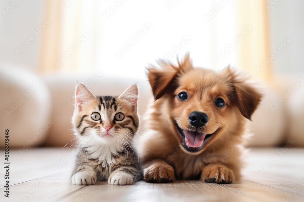 Portrait of a dog and a cat looking at the camera in front of a white background, Generative AI