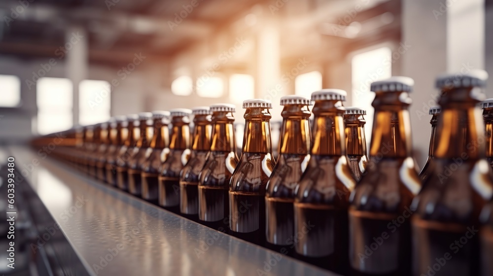 Brown glass brew drink alcohol bottles, brewery transport, progressed period line. AI Generated Brown glass brew drink alcohol bottles, brewery transport, progressed period line. AI Generated