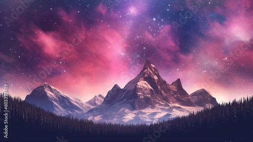 Stunning Mountains with Aurora Borealis. Fuchsia Sky Establishment with copyspace. AI Generated